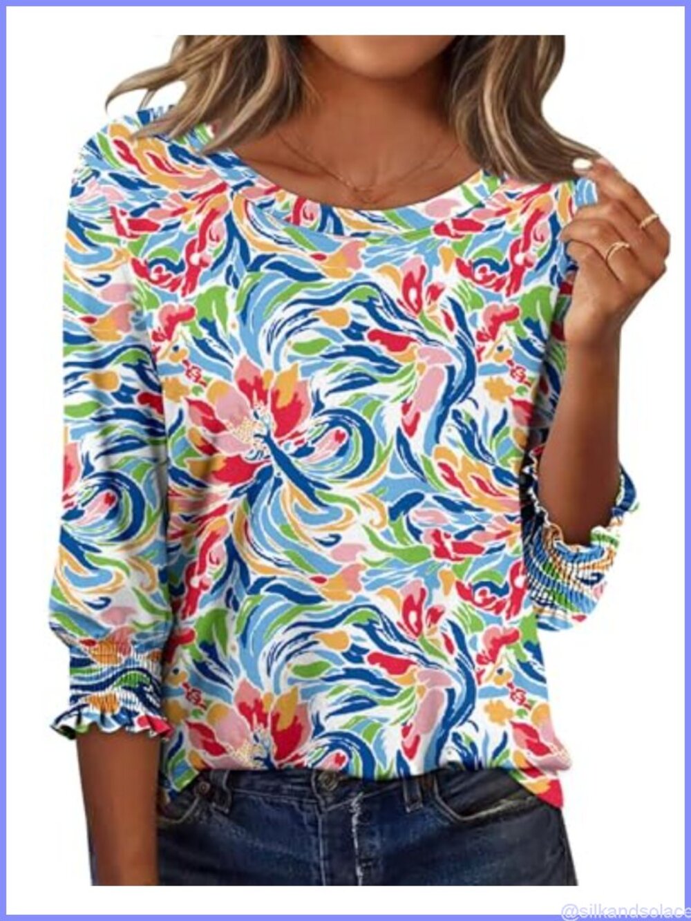 Womens 3/4 Length Sleeve Blouse Shirred Cuff Business Casual Top